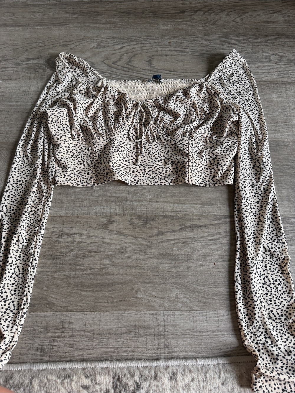 American Eagle Outfitters Cream Cropped Off-Shoulder Top with Black Dot Print